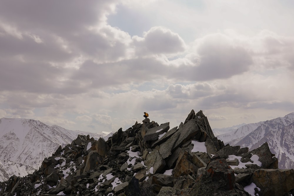 person standing on rocky mountain under white cloudy sky during daytime