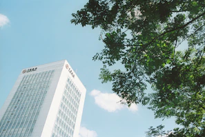 High-rise office building in Bangalore with clear blue sky, symbolizing growth and trust.