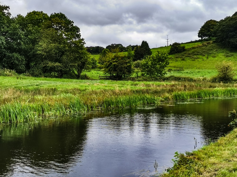 campo de hierba verde cerca del río bajo el cielo nublado durante el día