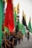 A group of people, mostly young, are participating in a procession, carrying vibrant flags in a variety of colors including red, green, yellow, and black. The flags have different symbols and inscriptions. Participants are walking closely together on a road under an overcast sky, conveying a sense of unity and movement.