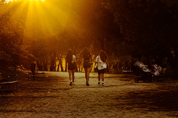 A multi-generational family walking together in a sunlit park.