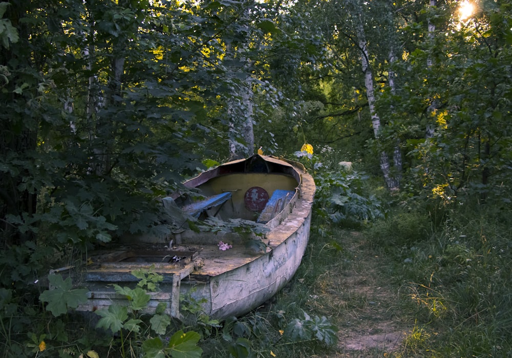 brown and white canoe on green grass field surrounded by green trees during daytime