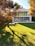 A modern two-story house with large glass windows and a spacious backyard. The house is surrounded by trees, and the large lawn is well-manicured with the shadow of a tree covering part of the grass. There are outdoor furniture pieces including lounge chairs and a table with chairs on the patio area near the house.