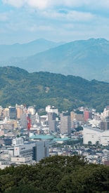 A cityscape with a mixture of modern and traditional architecture, surrounded by lush greenery and distant mountains. The skyline features various tall buildings, a red crane, and a hospital building with multiple red cross symbols.