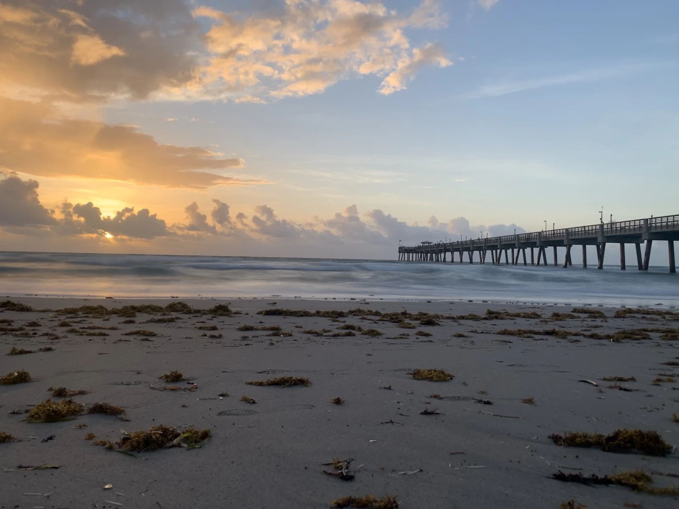 Sunrise on the sand, with a fishing pier in the distance. Dania Beach’s shoreline is a short trip from the Hollywood house.