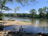 Children playing by the riverbank during summer.