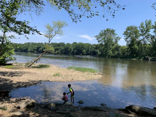 Children playing near the riverbank at dusk.