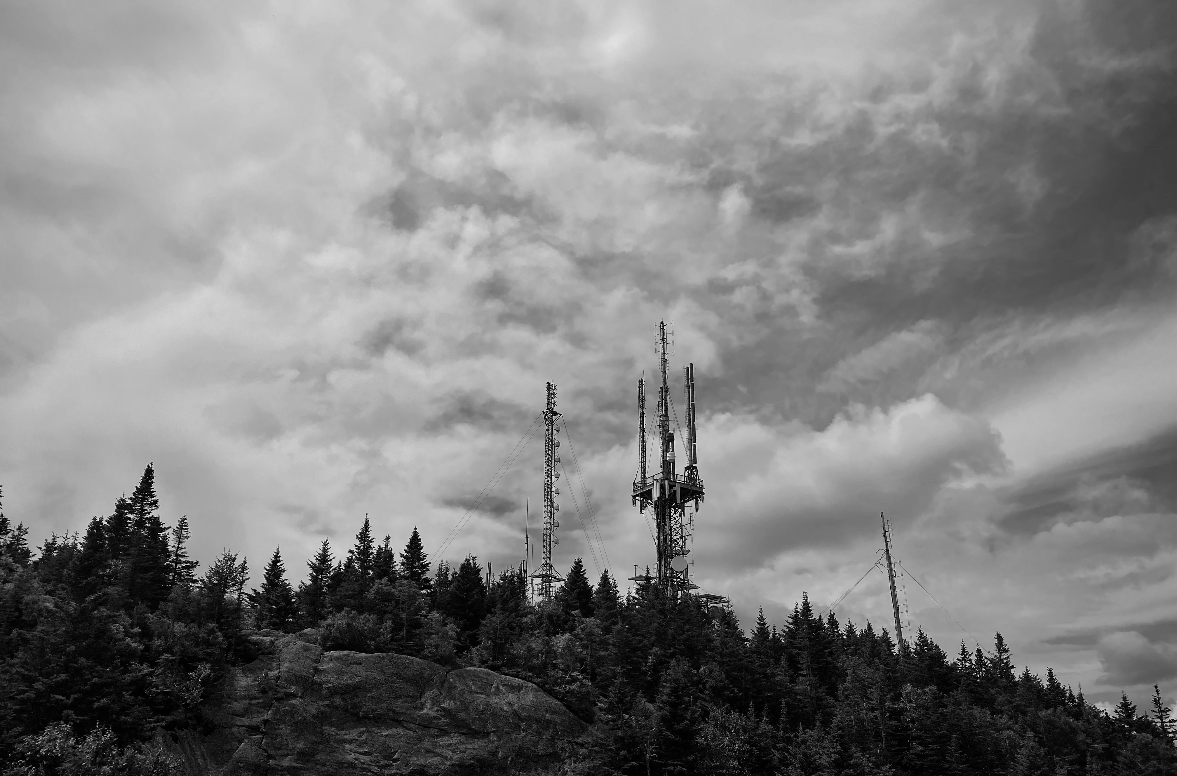 grayscale photo of trees and windmill under cloudy sky