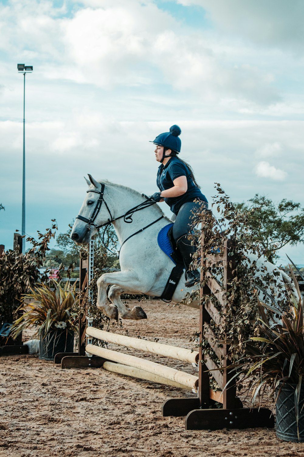 man in blue shirt riding white horse during daytime