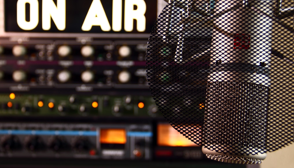 a microphone in front of a sound board