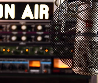 a microphone in front of a sound board