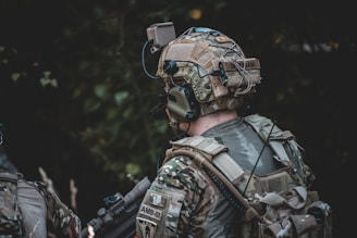 man in black and brown camouflage jacket wearing helmet and helmet