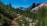 A scenic mountain trail winding through dense green forest under a clear sky.