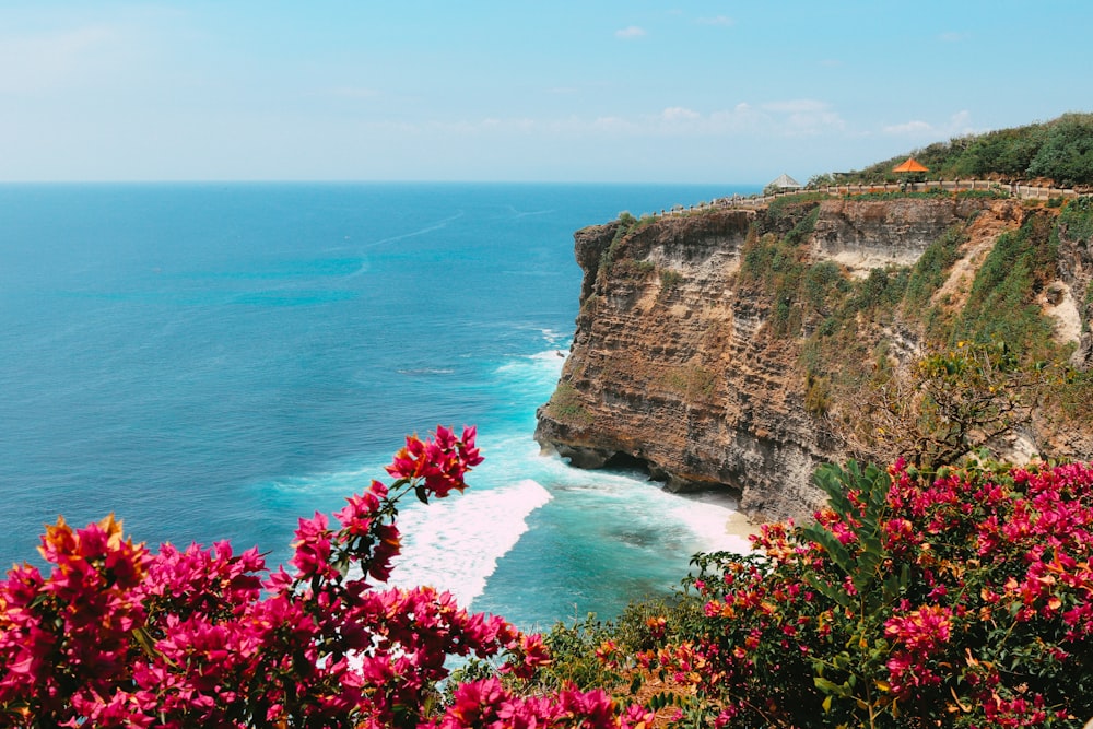 montanha rochosa marrom ao lado do mar azul durante o dia