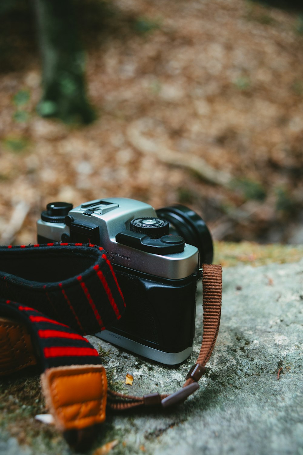 black and red dslr camera on ground