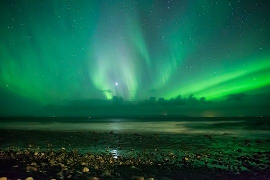 green aurora lights over the sea during night time in Hvammstangi Iceland
