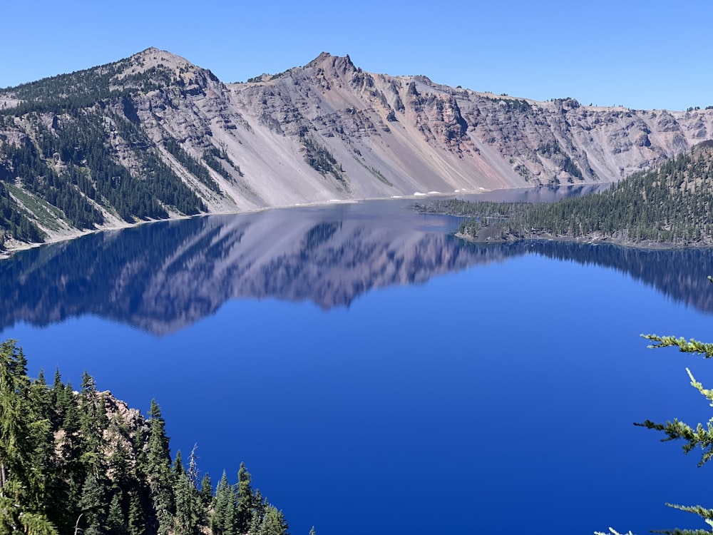 snow covered mountain near green trees and lake during daytime