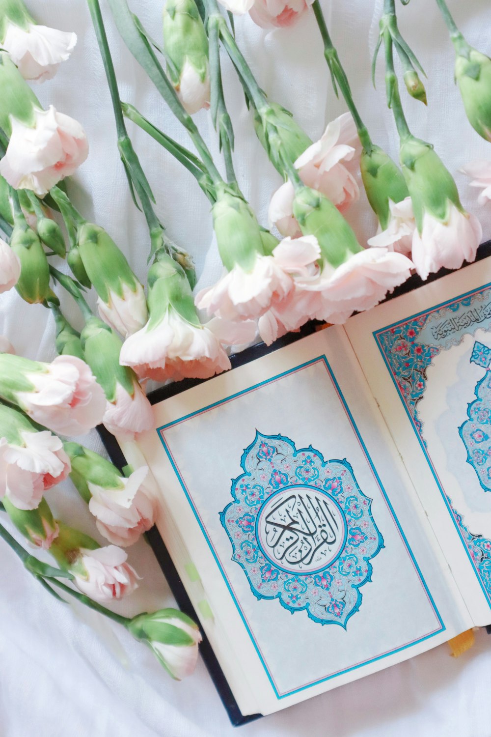 pink and white roses on blue and white floral box