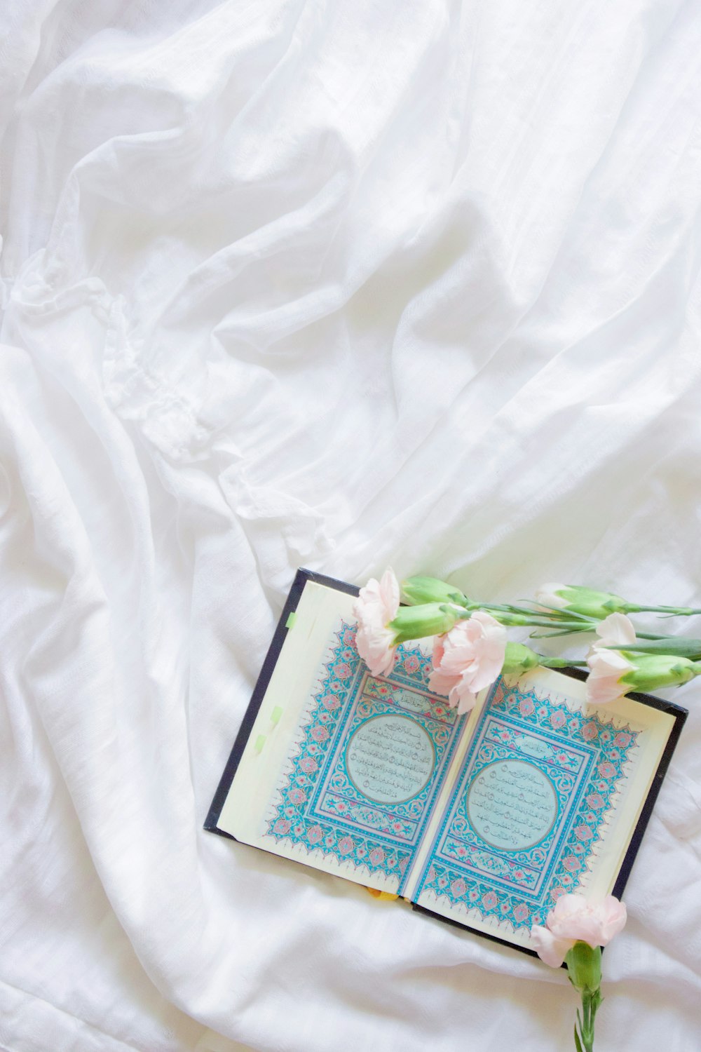 green and white book on white textile