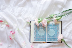 blue and white book on white and pink floral textile