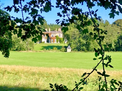 A large, stately manor house is situated in the middle of a lush, green landscape. The house appears historical and is surrounded by tall trees, with visible elements like chimneys and brick walls. The foreground features overhanging branches, framing the scene. An expansive lawn stretches out in front of the house, giving it a secluded and serene atmosphere.