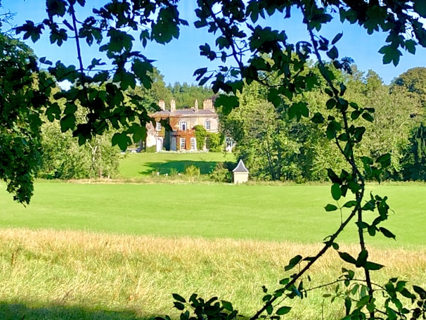 A large, stately manor house is situated in the middle of a lush, green landscape. The house appears historical and is surrounded by tall trees, with visible elements like chimneys and brick walls. The foreground features overhanging branches, framing the scene. An expansive lawn stretches out in front of the house, giving it a secluded and serene atmosphere.