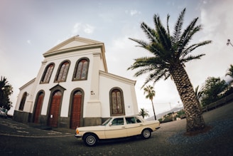 A classic, vintage white car is parked in front of a large, historic-looking church with arched windows and wooden doors. There is a tall palm tree beside the car, and other greenery is visible in the background. The sky is overcast, adding a muted tone to the scene.