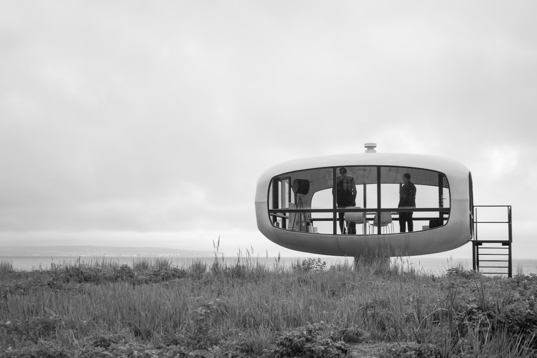 grayscale photo of a building in the middle of a field