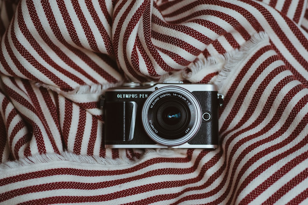 black and silver nikon camera on white and red stripe textile