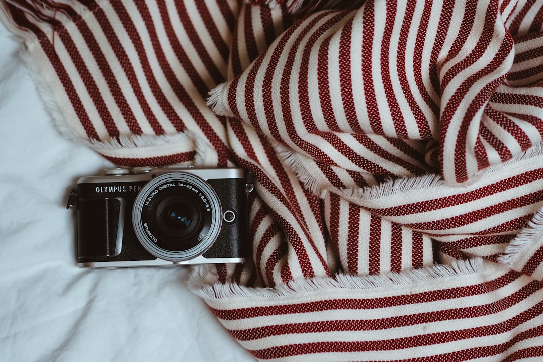 black and silver camera on white and red striped textile