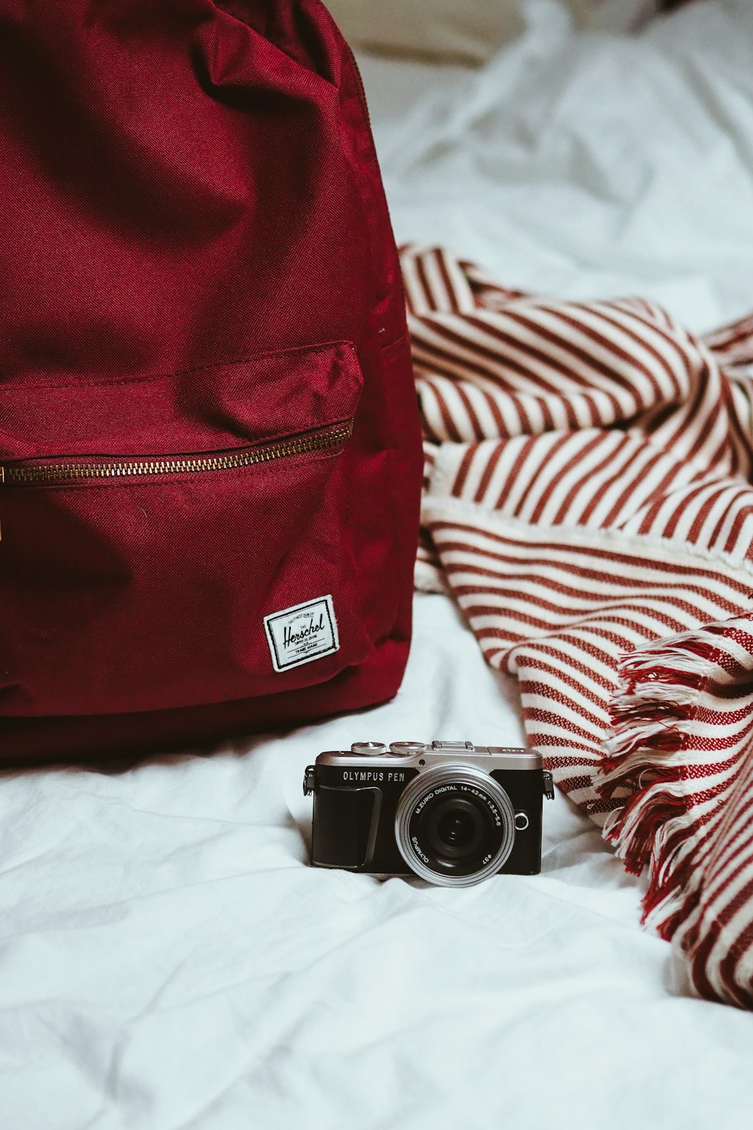 red and black camera on white and brown stripe textile