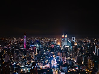city with high rise buildings during night time