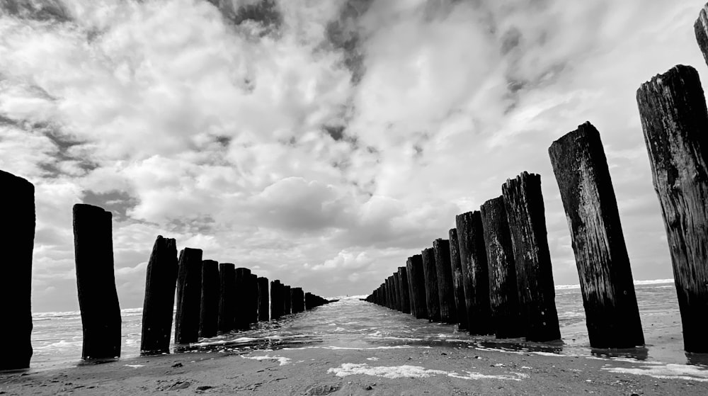 grayscale photo of wooden fence under cloudy sky