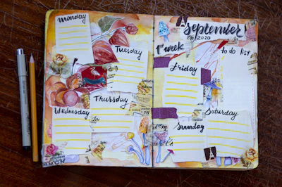A colorful weekly planner spread with stickers and highlighted events laid out on a cozy table.