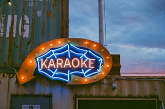 a large neon sign on the side of a building