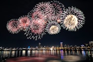 fireworks display over city buildings during night time