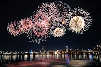 fireworks display over city buildings during night time
