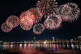 fireworks display over the city during night time