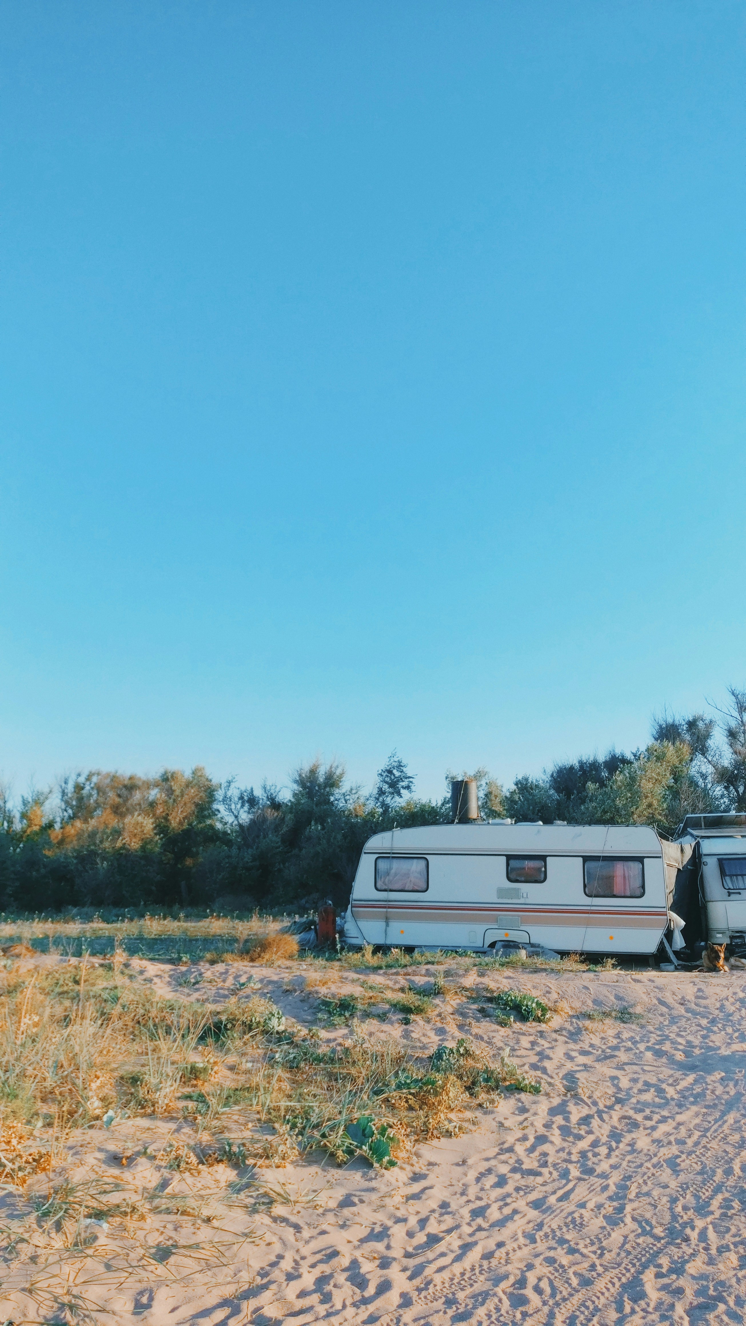 white and gray camper trailer on green grass field under blue sky during daytime