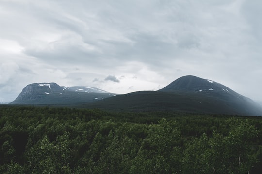 green grass field near mountain under white clouds during daytime in Kebnekaise Sweden