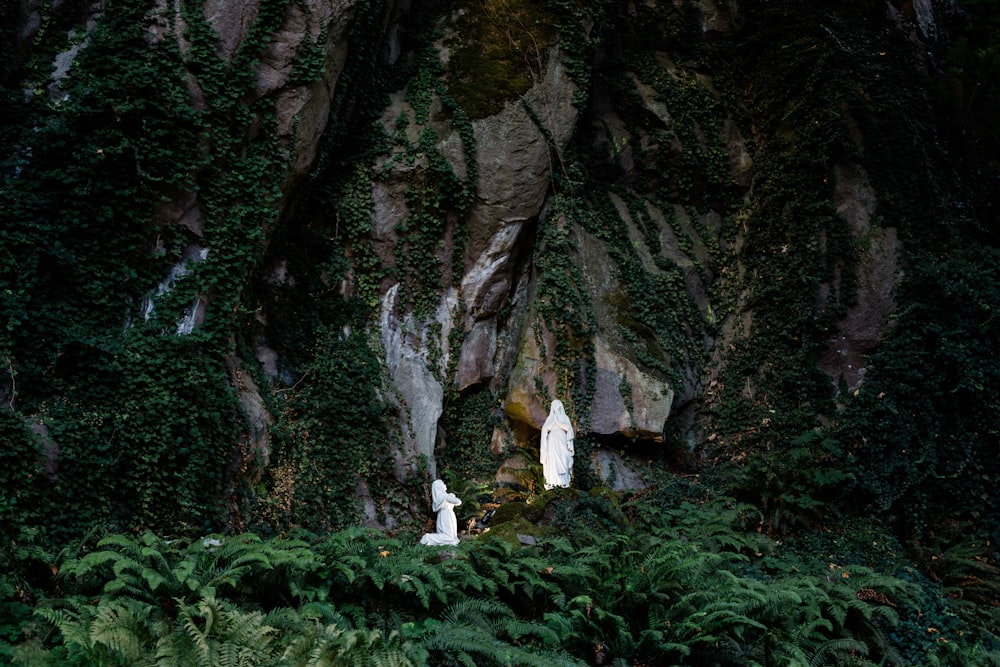 Person im weißen Hemd, die tagsüber auf grünem Gras in der Nähe von grauen Felsformationen steht