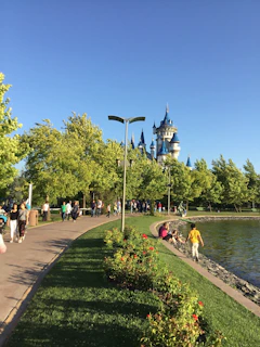 A serene lakeside park with walking paths and blooming flowers just minutes from the hotel.