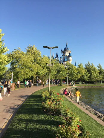 A serene lakeside park with walking paths and blooming flowers just minutes from the hotel.