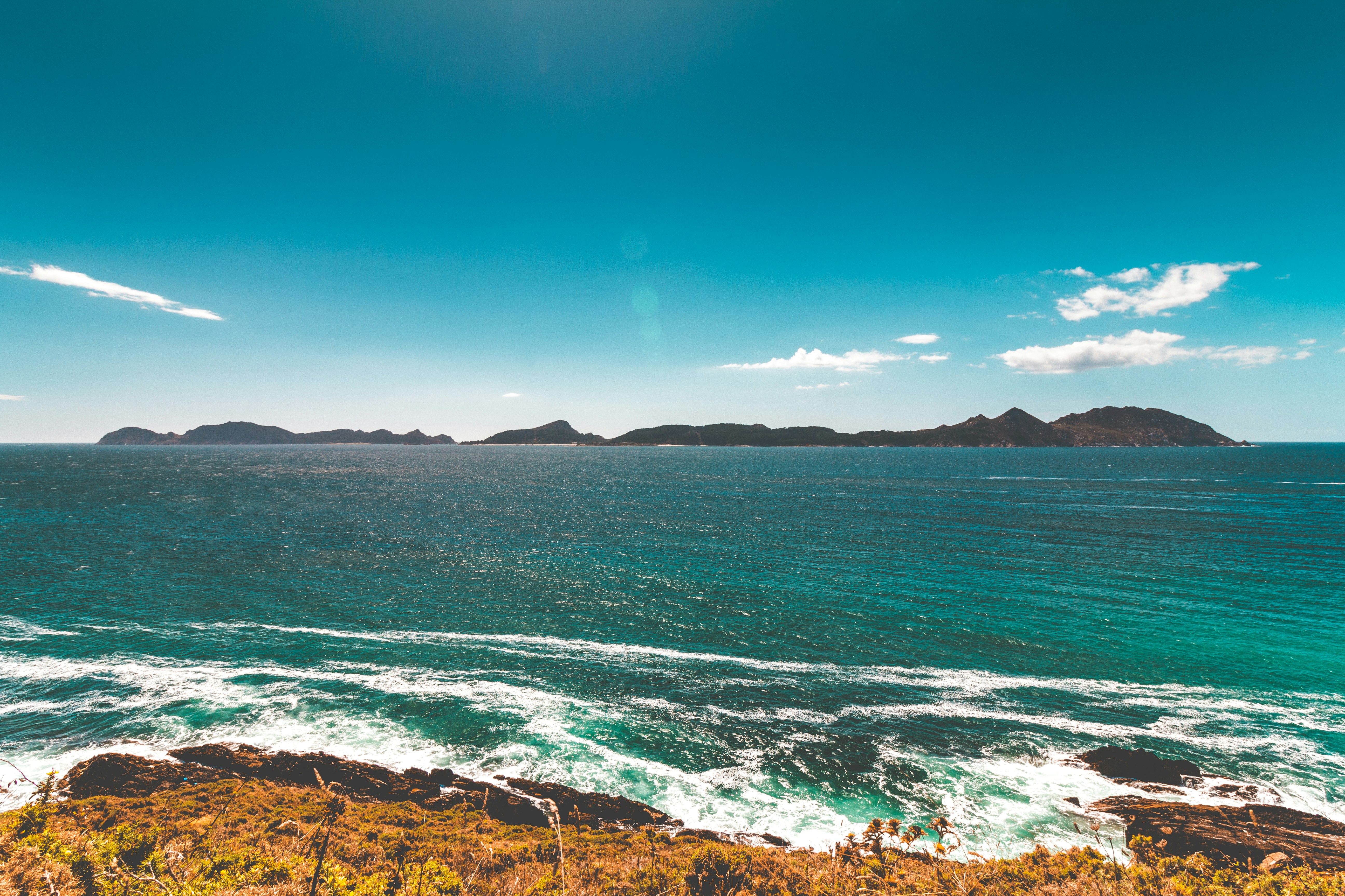 green grass field near body of water under blue sky during daytime