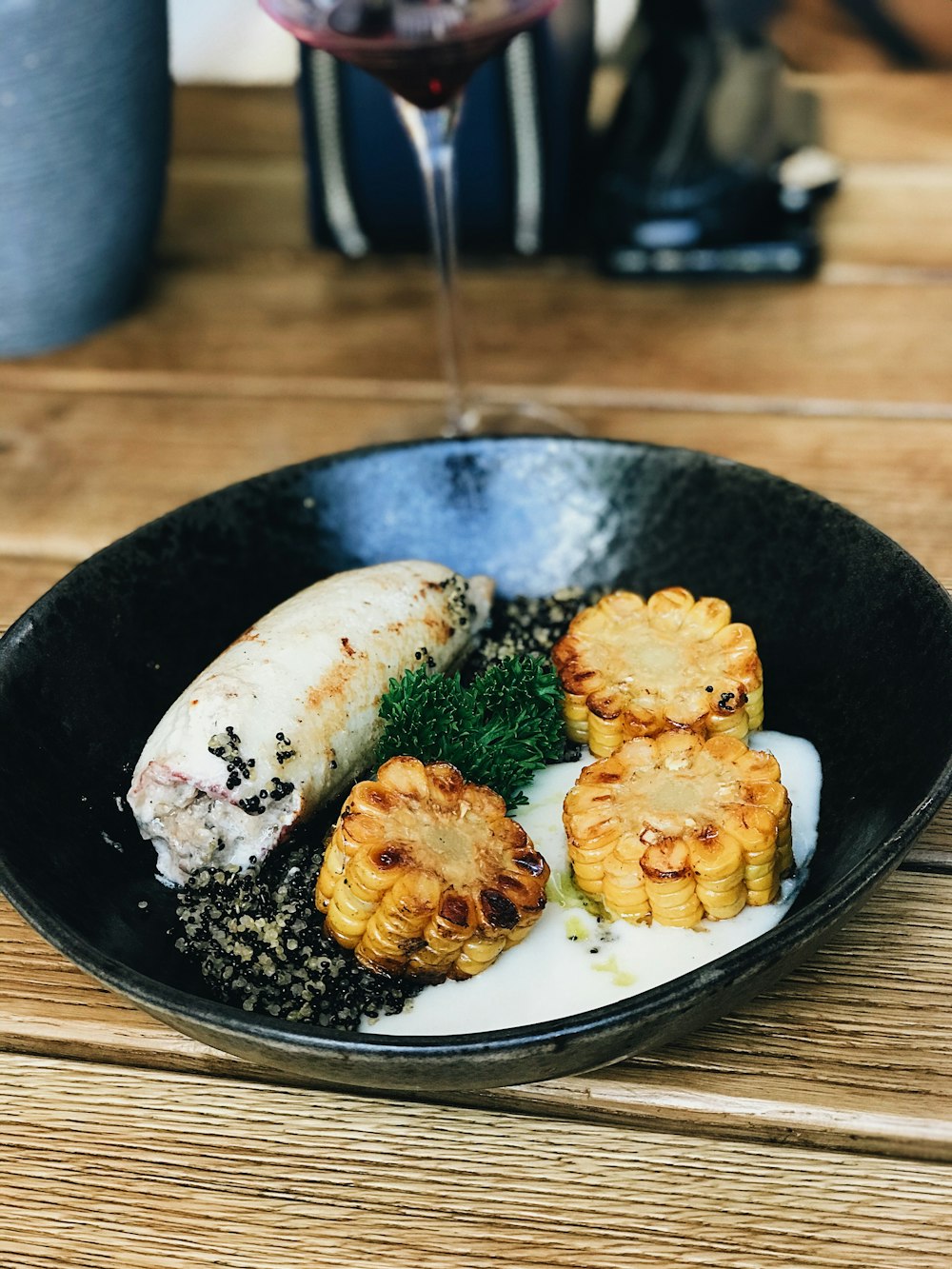 fried chicken on black ceramic plate