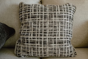 A cushion with a black and white plaid pattern is centered on a beige fabric sofa. The grid-like design on the pillow creates a textured appearance, while another darker pillow is partially visible on the left side of the image. The neutral colors blend harmoniously with the furniture.