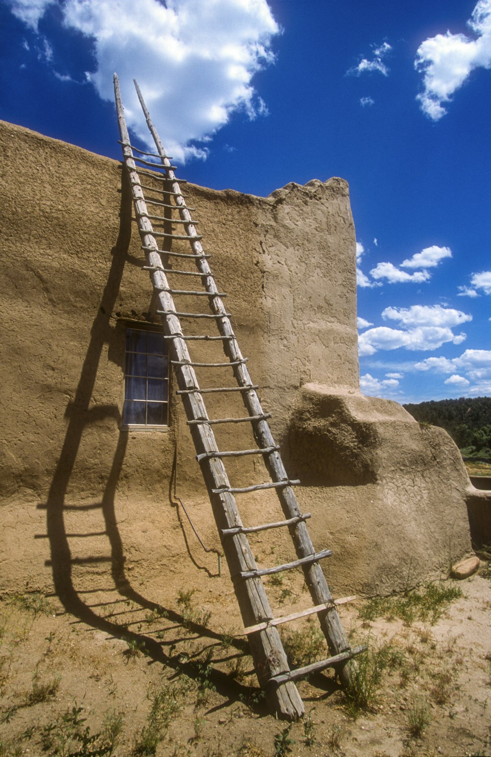 Escalera azul y blanca sobre roca marrón