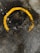A textured surface of wet asphalt displays a worn, irregular yellow semicircle. The pavement features rough patches, dirt, and small puddles, reflecting a mixture of rugged urban environment and traces of human activity.