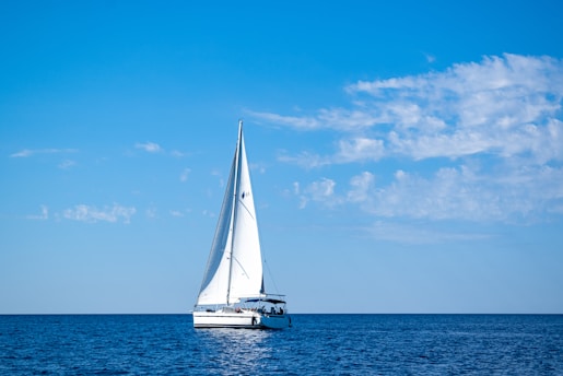A sailboat gracefully sailing on calm waters with a clear blue sky.