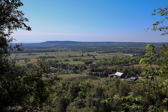 A panoramic view of a lush, expansive green landscape featuring fields and forests. The scene includes several farm buildings scattered across the terrain, with a barn being prominent in the foreground. Trees frame the view on the sides, and the sky is clear and blue, adding a serene atmosphere.